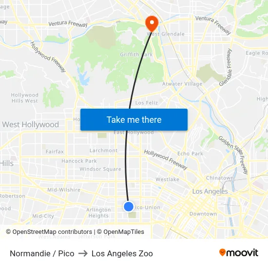 Normandie / Pico to Los Angeles Zoo map