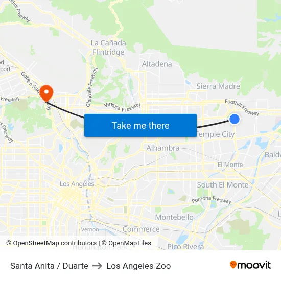 Santa Anita / Duarte to Los Angeles Zoo map