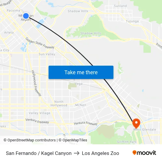 San Fernando / Kagel Canyon to Los Angeles Zoo map