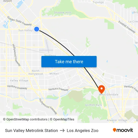 Sun Valley Metrolink Station to Los Angeles Zoo map