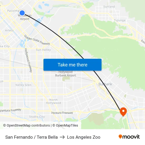 San Fernando / Terra Bella to Los Angeles Zoo map