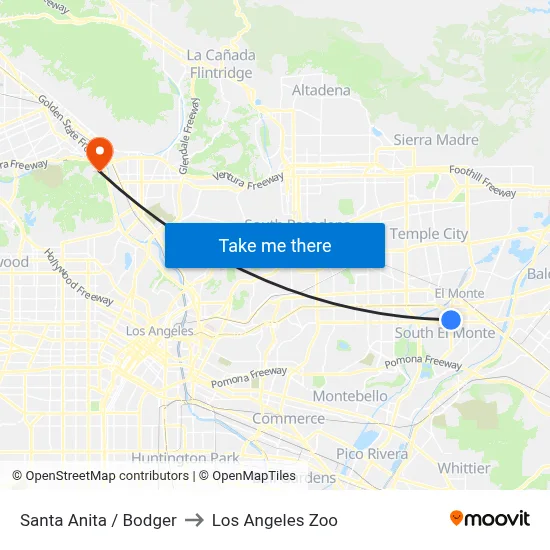 Santa Anita / Bodger to Los Angeles Zoo map