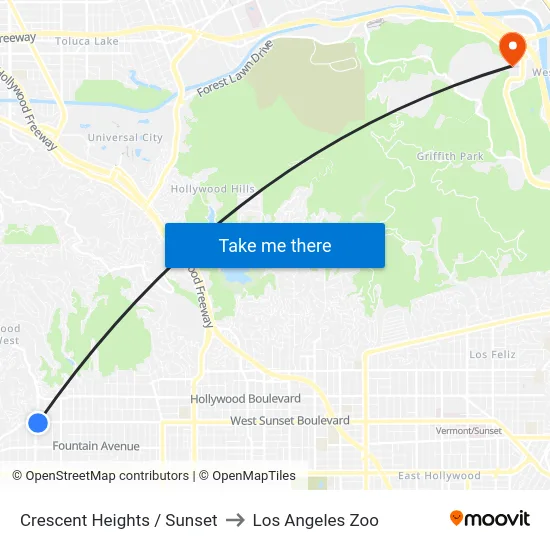 Crescent Heights / Sunset to Los Angeles Zoo map