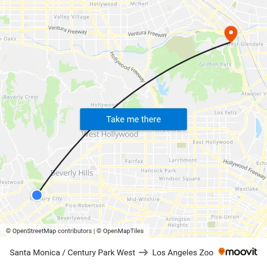 Santa Monica / Century Park West to Los Angeles Zoo map