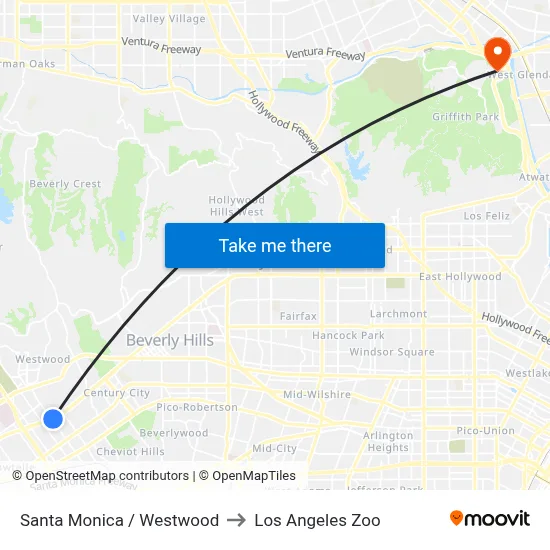 Santa Monica / Westwood to Los Angeles Zoo map