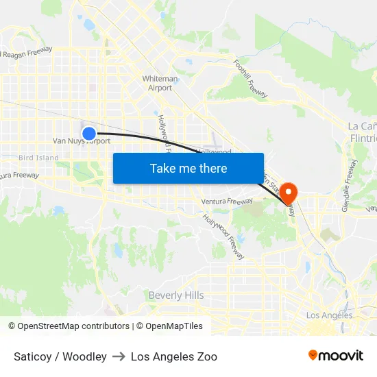 Saticoy / Woodley to Los Angeles Zoo map