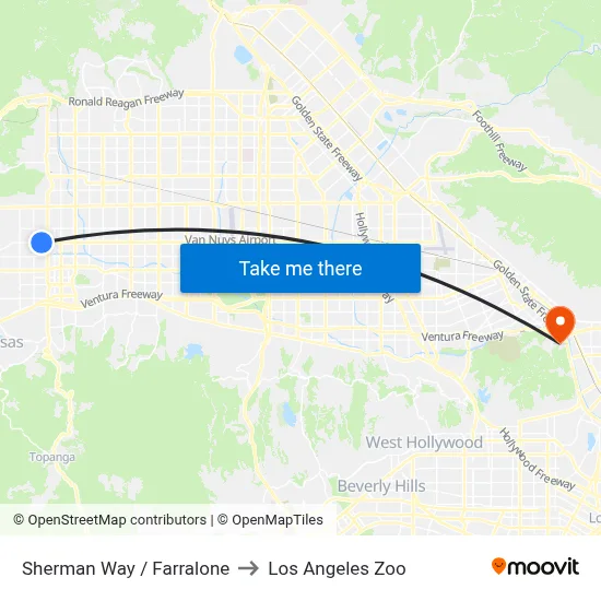 Sherman Way / Farralone to Los Angeles Zoo map