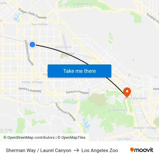Sherman Way / Laurel Canyon to Los Angeles Zoo map
