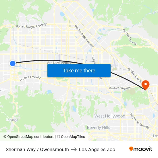 Sherman Way / Owensmouth to Los Angeles Zoo map