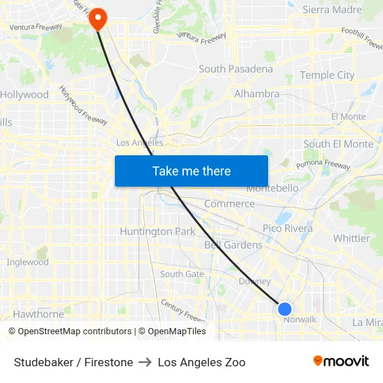 Studebaker / Firestone to Los Angeles Zoo map