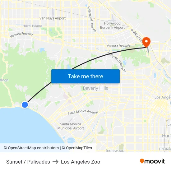 Sunset / Palisades to Los Angeles Zoo map