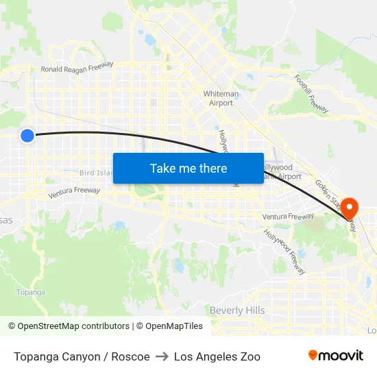 Topanga Canyon / Roscoe to Los Angeles Zoo map