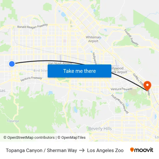 Topanga Canyon / Sherman Way to Los Angeles Zoo map