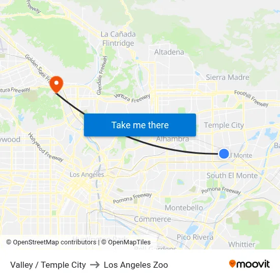 Valley / Temple City to Los Angeles Zoo map