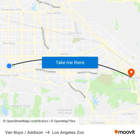 Van Nuys / Addison to Los Angeles Zoo map