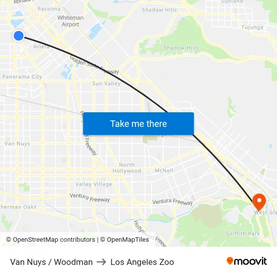 Van Nuys / Woodman to Los Angeles Zoo map