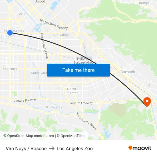 Van Nuys / Roscoe to Los Angeles Zoo map