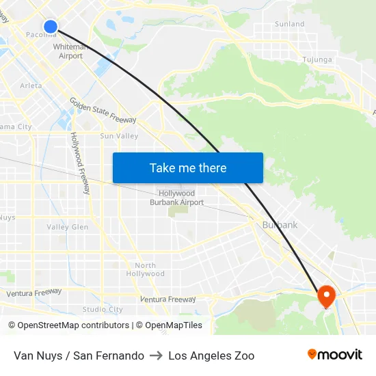 Van Nuys / San Fernando to Los Angeles Zoo map