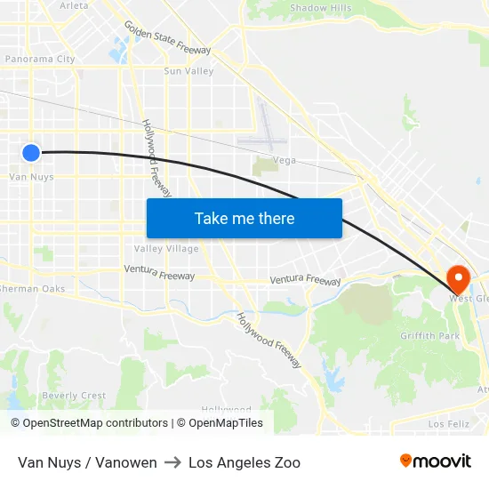 Van Nuys / Vanowen to Los Angeles Zoo map