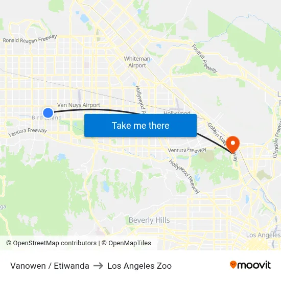 Vanowen / Etiwanda to Los Angeles Zoo map