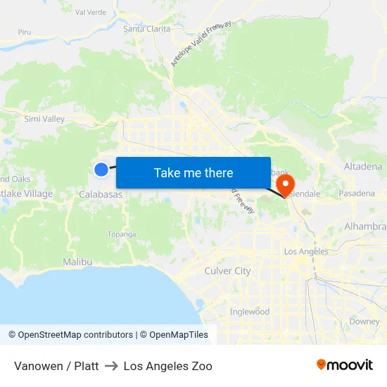 Vanowen / Platt to Los Angeles Zoo map