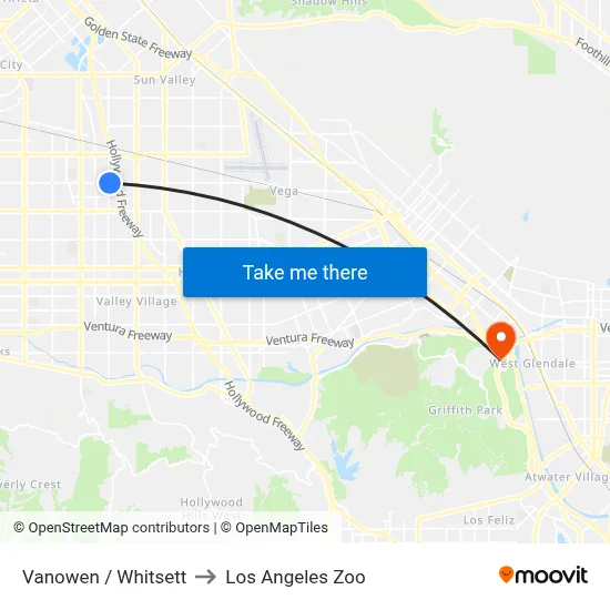 Vanowen / Whitsett to Los Angeles Zoo map