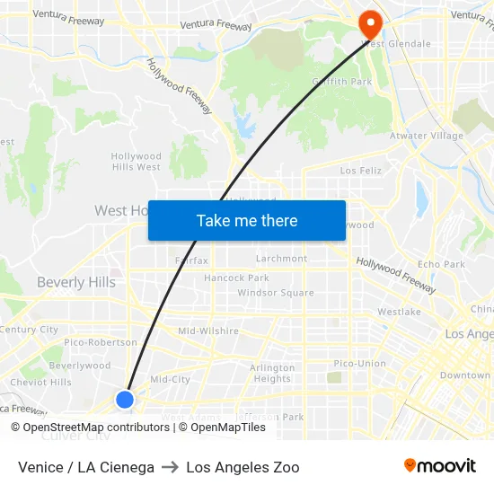 Venice / LA Cienega to Los Angeles Zoo map