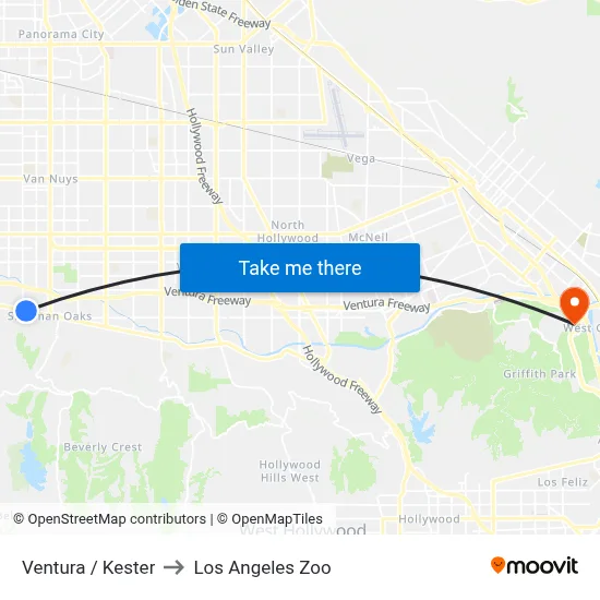 Ventura / Kester to Los Angeles Zoo map