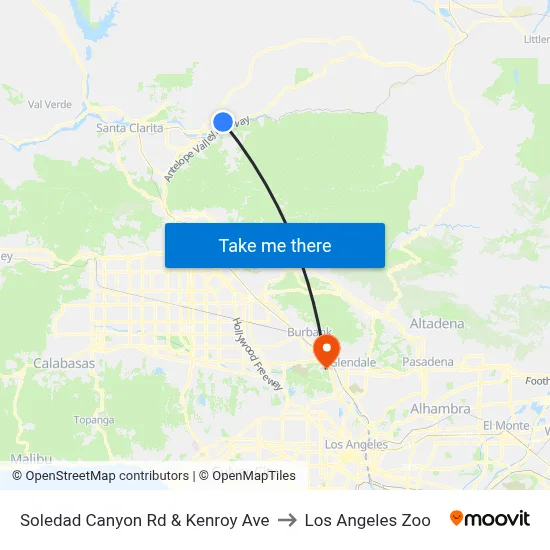 Soledad Canyon Rd & Kenroy Ave to Los Angeles Zoo map