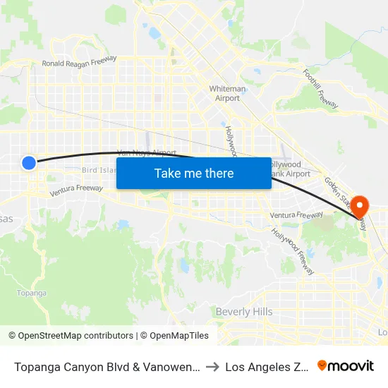 Topanga Canyon Blvd & Vanowen St to Los Angeles Zoo map