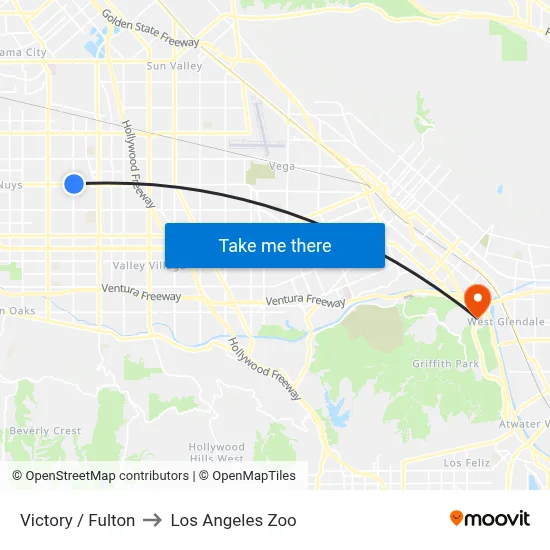 Victory / Fulton to Los Angeles Zoo map
