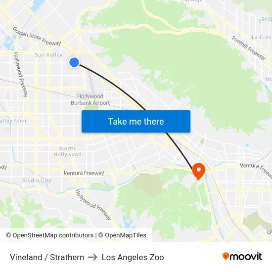 Vineland / Strathern to Los Angeles Zoo map