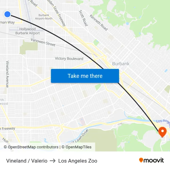 Vineland / Valerio to Los Angeles Zoo map