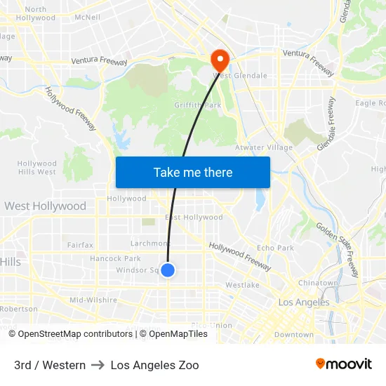 3rd / Western to Los Angeles Zoo map