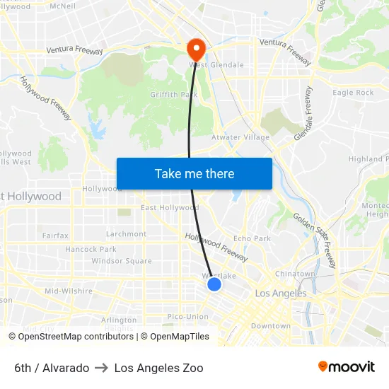 6th / Alvarado to Los Angeles Zoo map