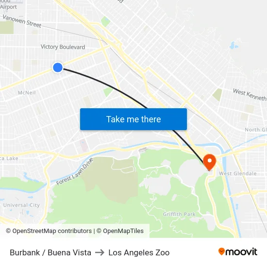 Burbank / Buena Vista to Los Angeles Zoo map