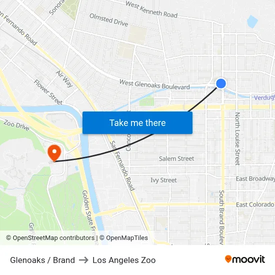 Glenoaks / Brand to Los Angeles Zoo map