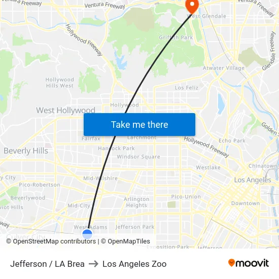 Jefferson / LA Brea to Los Angeles Zoo map