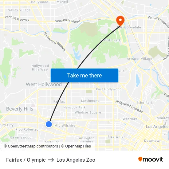 Fairfax / Olympic to Los Angeles Zoo map