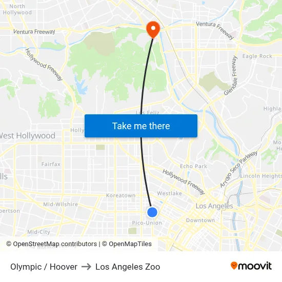 Olympic / Hoover to Los Angeles Zoo map