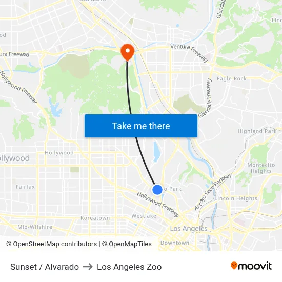 Sunset / Alvarado to Los Angeles Zoo map