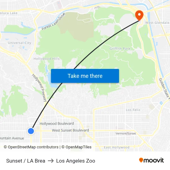 Sunset / LA Brea to Los Angeles Zoo map