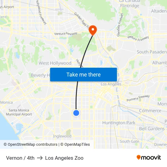Vernon / 4th to Los Angeles Zoo map