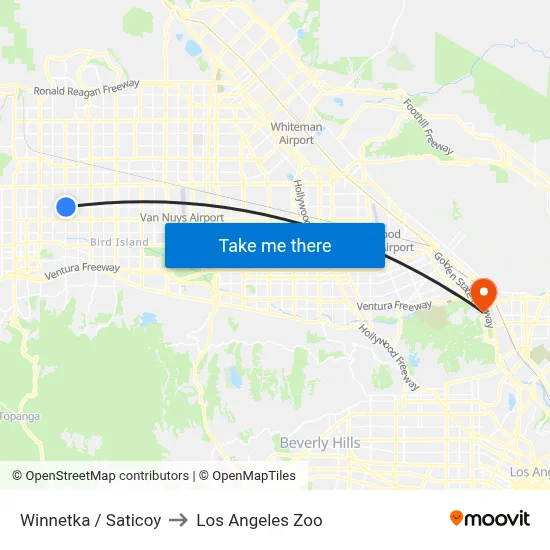 Winnetka / Saticoy to Los Angeles Zoo map