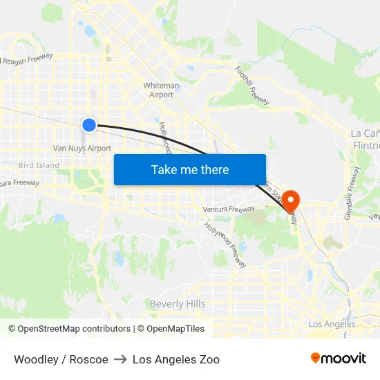 Woodley / Roscoe to Los Angeles Zoo map