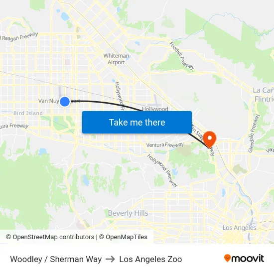 Woodley / Sherman Way to Los Angeles Zoo map