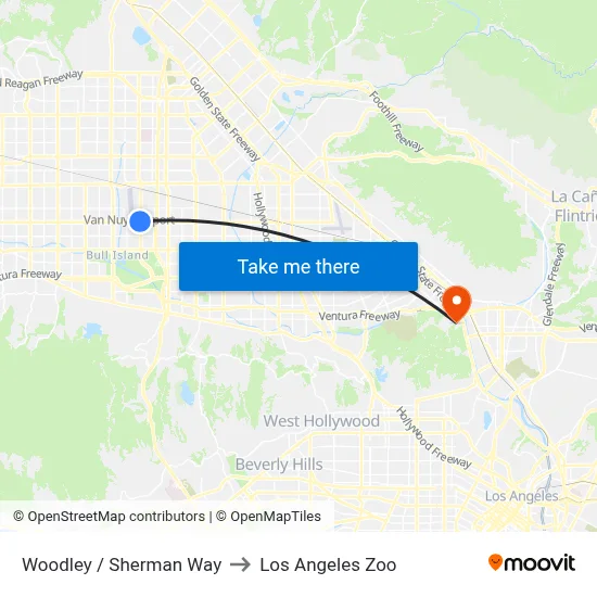 Woodley / Sherman Way to Los Angeles Zoo map