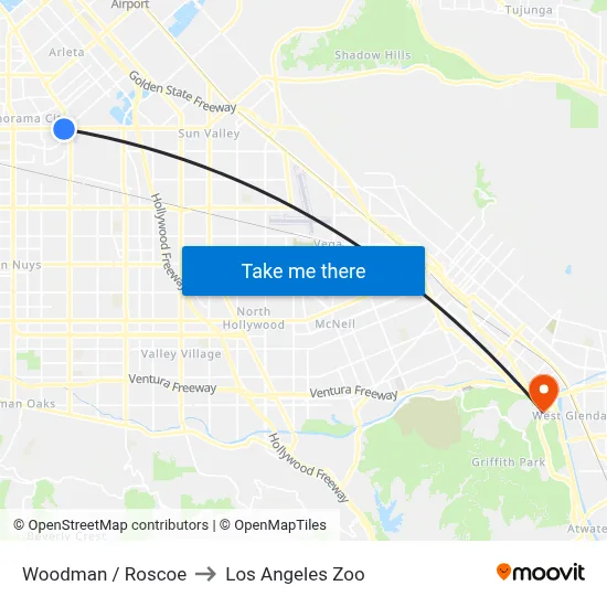 Woodman / Roscoe to Los Angeles Zoo map