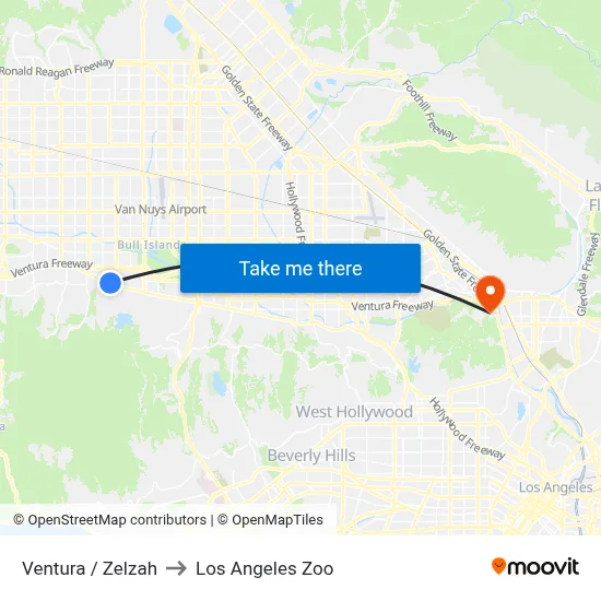 Ventura / Zelzah to Los Angeles Zoo map