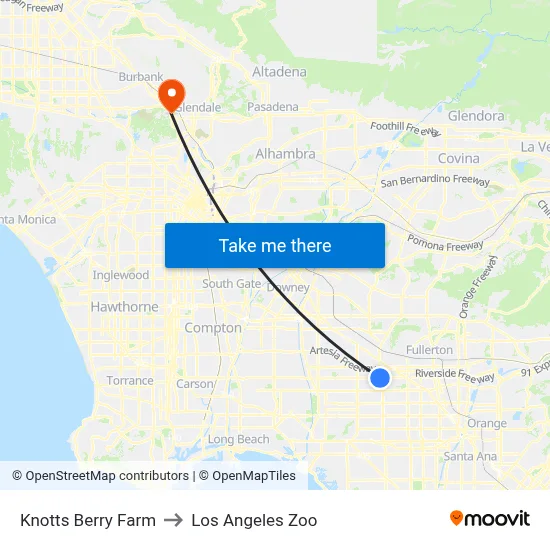 Knotts Berry Farm to Los Angeles Zoo map